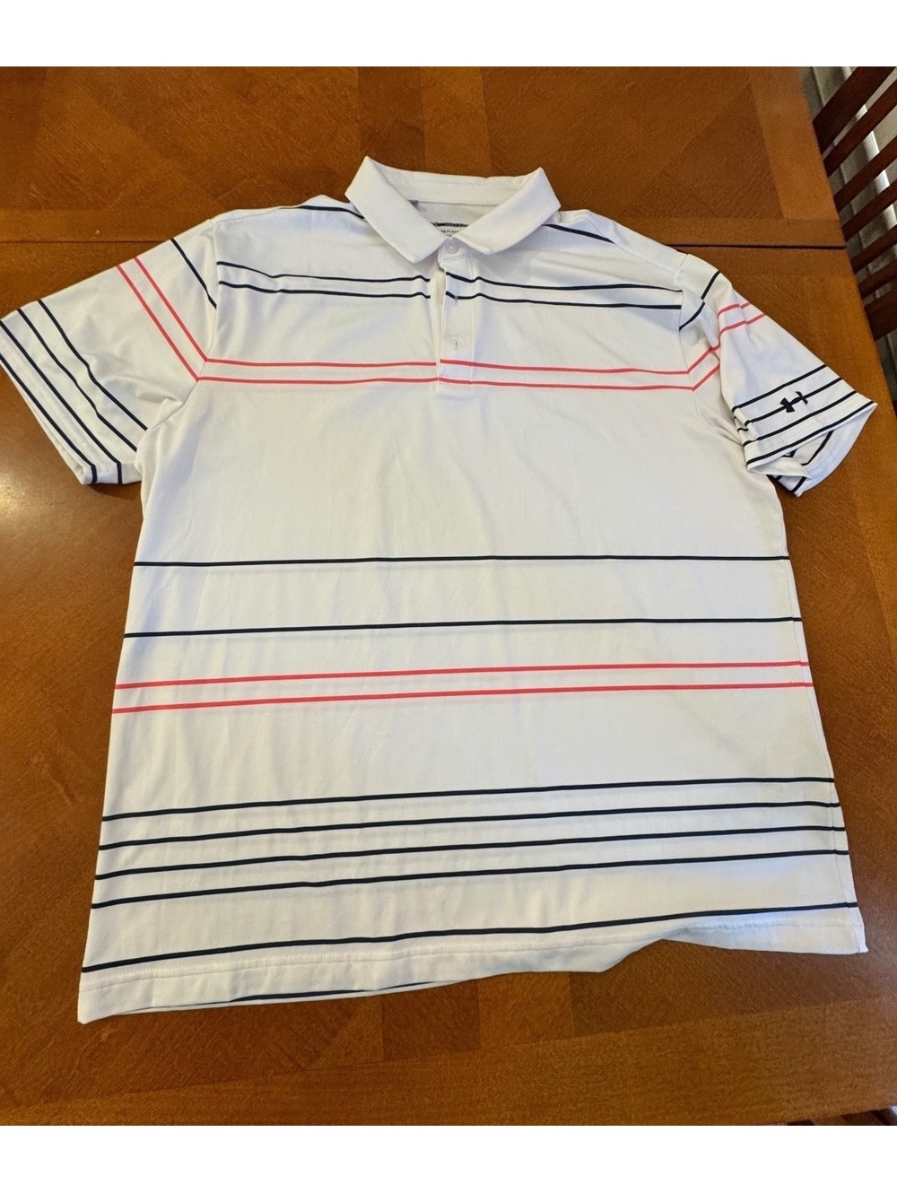 Under Armour Men's Gates Four logo Polo Shirt White w/ Navy/Red Stripes XXL 736